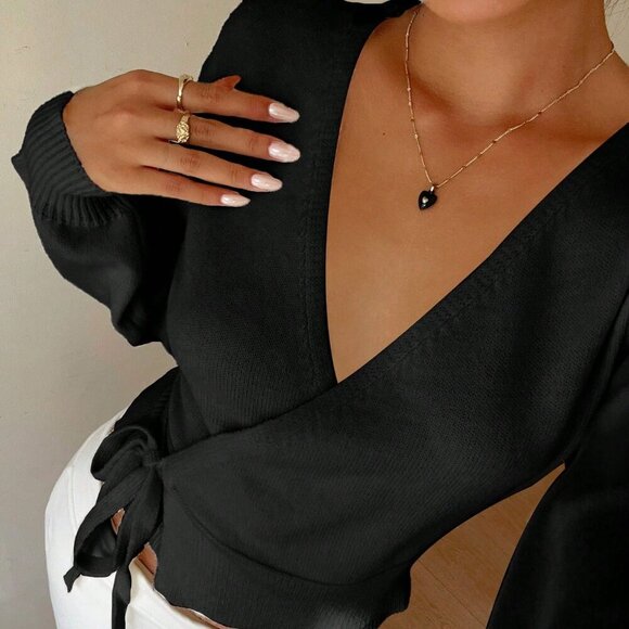 Black Casual Women's Sexy Versatile Tie-Front Deep V Cardigan - Picture 2 of 7